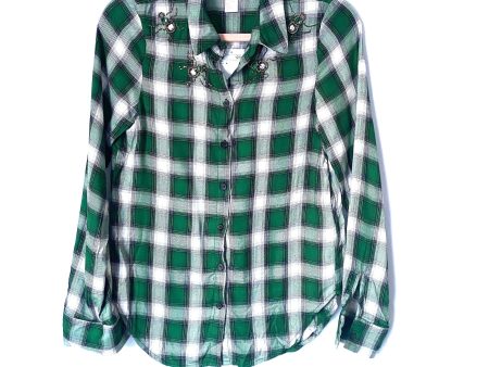 H&M Green Plaid Button Up with Beaded Bug Detail NWT- Size 4 Online Sale