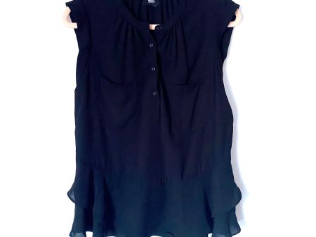 Massimo Black Half Button Up Front Pocket Blouse with Ruffle Hem- Size S Cheap