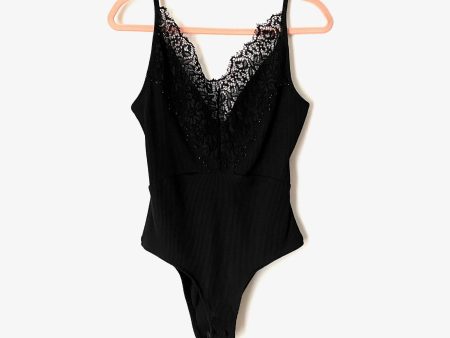 Topshop Black Lace Ribbed Bodysuit- Size 12 For Sale