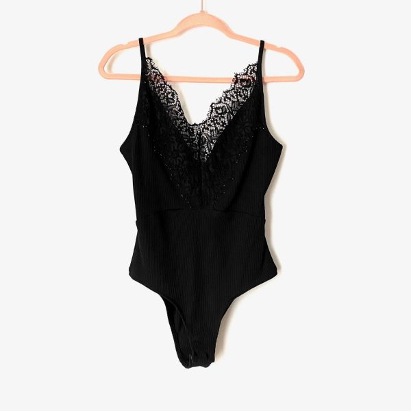 Topshop Black Lace Ribbed Bodysuit- Size 12 For Sale