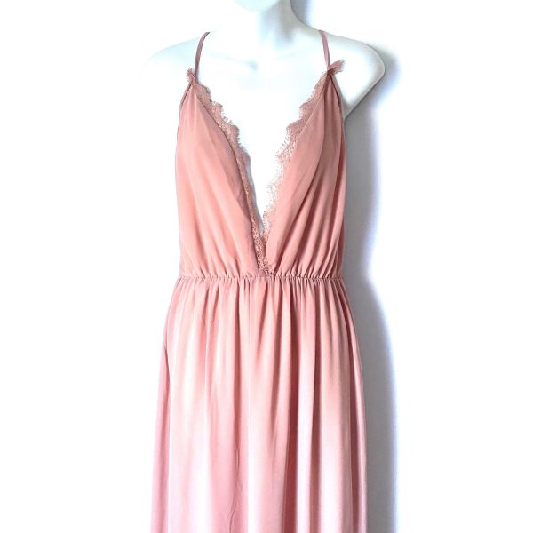 TOBI Blush Pink Deep V with Lace Trim Maxi Dress- Size S Online Sale