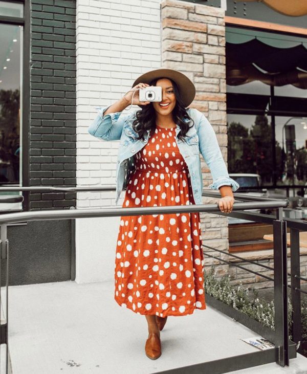 THML Rust Smocked Bodice Polka Dot Dress- Size L For Sale