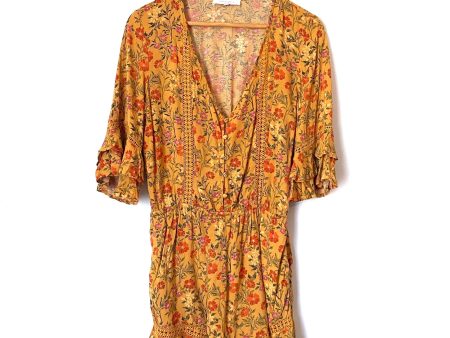 Olivaceous Mustard Floral Front Button Crochet Romper- Size L Online now