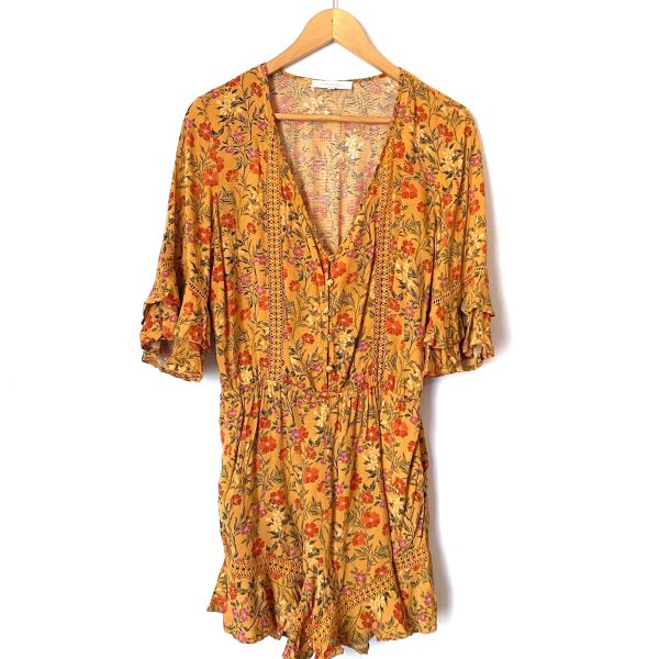 Olivaceous Mustard Floral Front Button Crochet Romper- Size L Online now