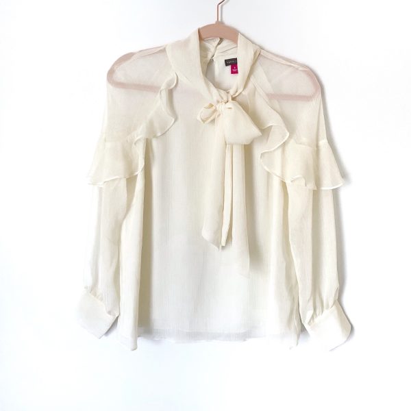 Vince Camuto Cream Metallic Neck Tie Ruffle Blouse- Size S Online Sale