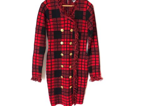 Venus Red and Black Plaid Faux Button Fringe Sweater Dress- Size S Hot on Sale