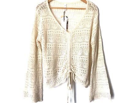 Wishlist Cream Crochet Bell Sleeve Scalloped Top with Ruched Bodice NWT- Size L For Sale