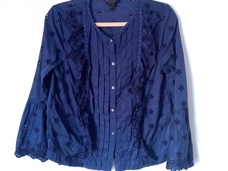 J Crew Navy Eyelet Button Up Pleated Bell Sleeve Blouse- Size 2 Online Sale