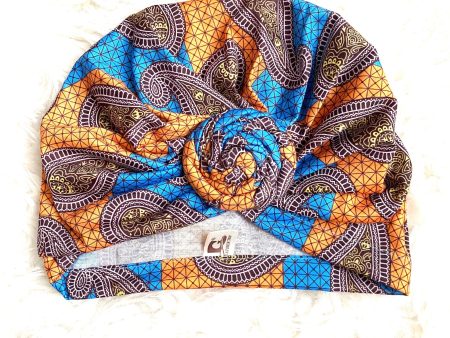 Gather Top Blue Orange Brown Print Head Scarf Discount