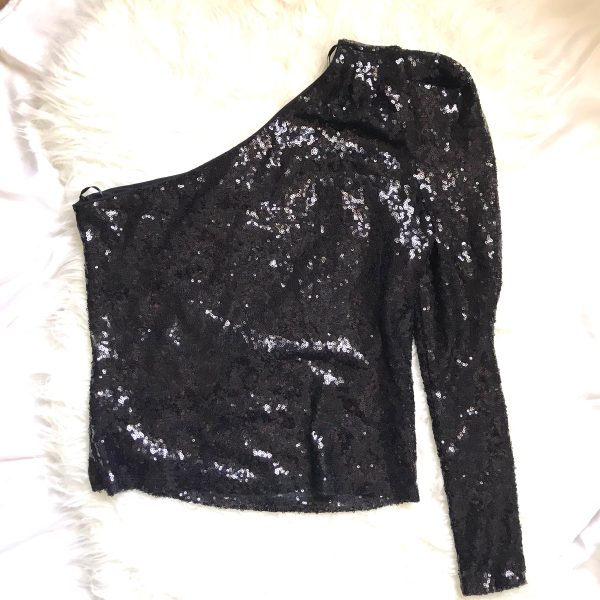 WAYF Black One Shoulder Long Sleeve Sequin Top - Size S Online Sale