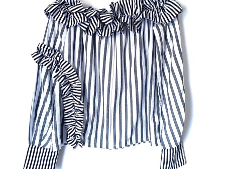 No Brand Blue and White Striped Off the Shoulder Blouse with Black and White Ruffles- Size S Online now