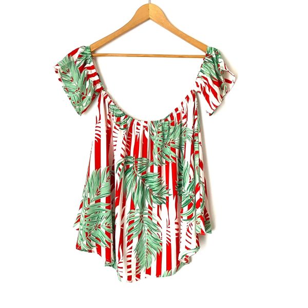 Vine & Love Red and Green Palm Off the Shoulder Top- Size M Sale