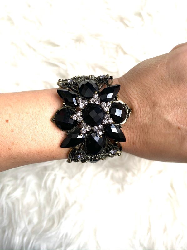 No Brand Metal Cuff With Black Beaded Floral Design Online Hot Sale