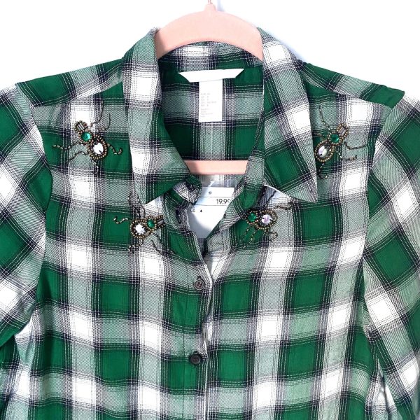 H&M Green Plaid Button Up with Beaded Bug Detail NWT- Size 4 Online Sale