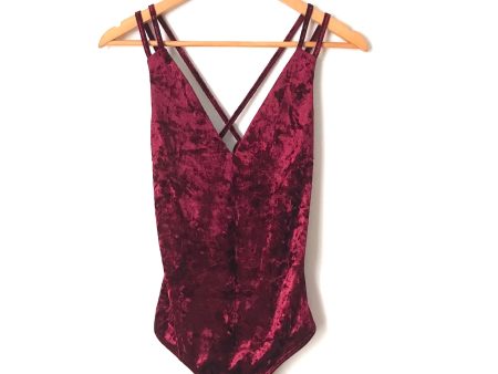 Style Angeles Burgundy Strappy Back Velvet Bodysuit NWT- Size S For Sale