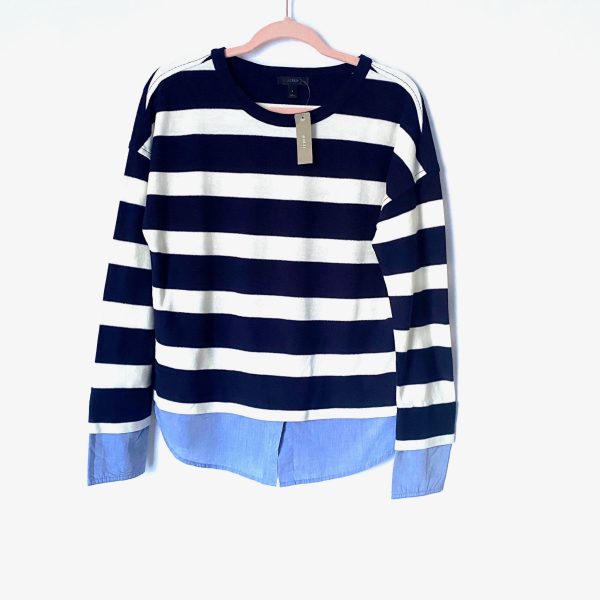 J Crew Navy and White Striped Sweater Top with Chambray Shirt Tail NWT- Size S For Cheap