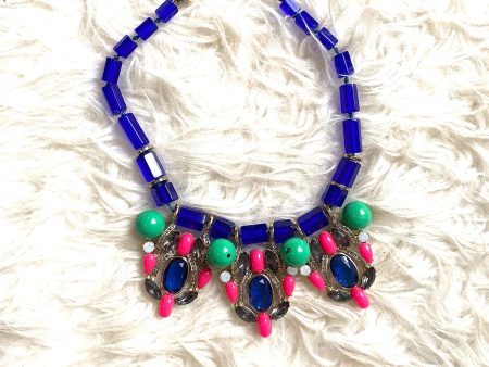 J Crew Blue Beaded Necklace with Pink Green Rhinestone Pendants Hot on Sale