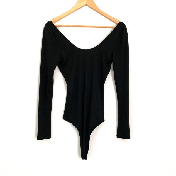 Vestique Black Long Sleeve Ribbed Scoop Neck Thong Bodysuit- Size S Sale