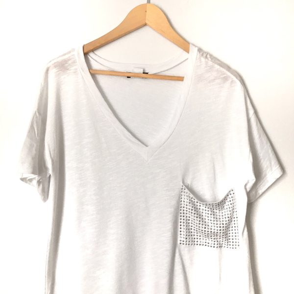 Venus White V Neck with Studded Pocket Oversized Short Sleeve Top- Size XS For Sale