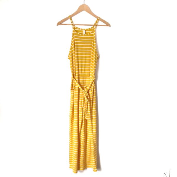 Tickled Teal Yellow Striped Belted Jumpsuit- Size S For Sale