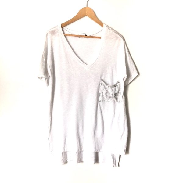 Venus White V Neck with Studded Pocket Oversized Short Sleeve Top- Size XS For Sale