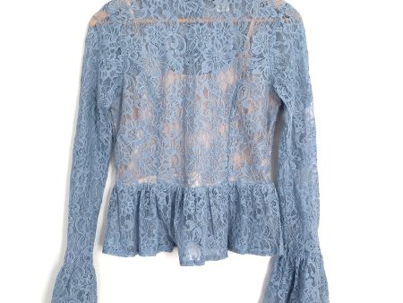 A. Calin by Flying Tomato Blue Lace Mock Neck Bell Sleeve Blouse- Size S For Cheap