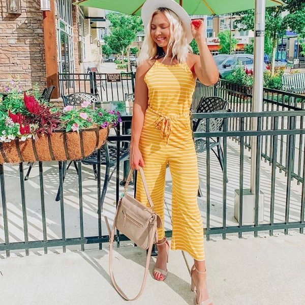 Tickled Teal Yellow Striped Belted Jumpsuit- Size S For Sale