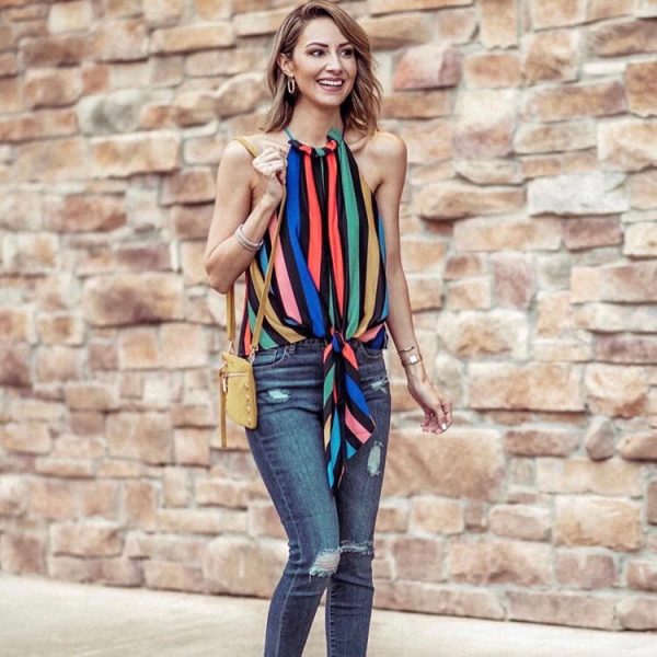 Tyche Rainbow Striped Halter Tie Front Blouse- Size S For Discount