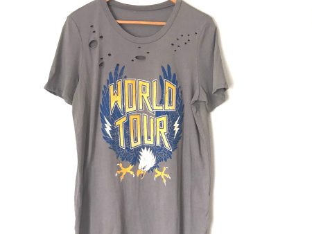 “World Tour” Grey Distressed Graphic Tee - Size S Online Hot Sale