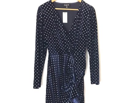 Sugar + Lips Navy Velvet Polka Dot Faux Wrap Dress NWT- Size M Online Hot Sale