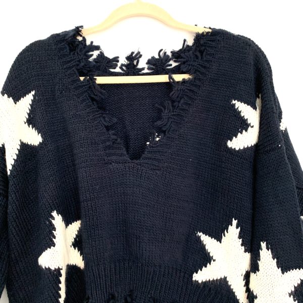 Vestique Navy Star Fringe Sweater with Back V NWT- Size S on Sale