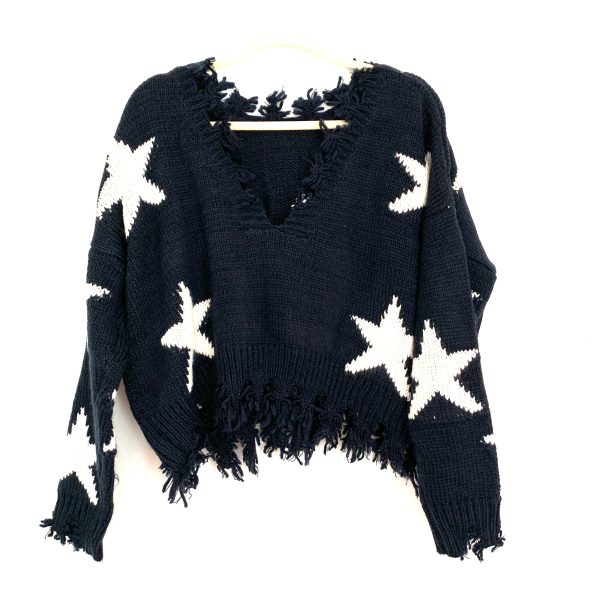 Vestique Navy Star Fringe Sweater with Back V NWT- Size S on Sale