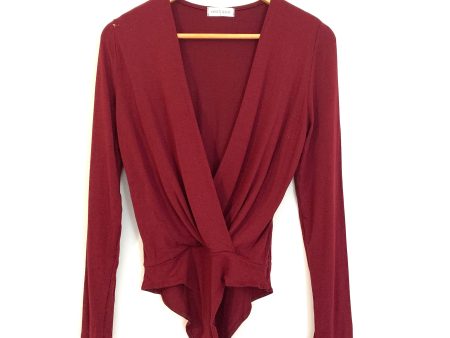 Vestique Maroon Wrap Deep V Bodysuit with Long Sleeves- Size S Online Hot Sale